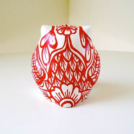 Ceramic Owl Decor Red White Day of the Dead Folk Art Bird Tattoo Animal Painted by sewZinski