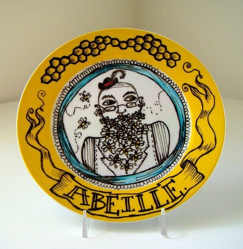 Ceramic Plate French Bee Beard Painted Illustration black white yellow honeycomb hexagon ceramic handmade by sewZinski