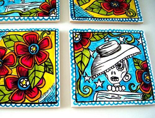 Ceramic Coasters Tiles Day of the Dead Sugar Skulls Folk Art Flowers Mexican dia de los muerto calavera hand painted