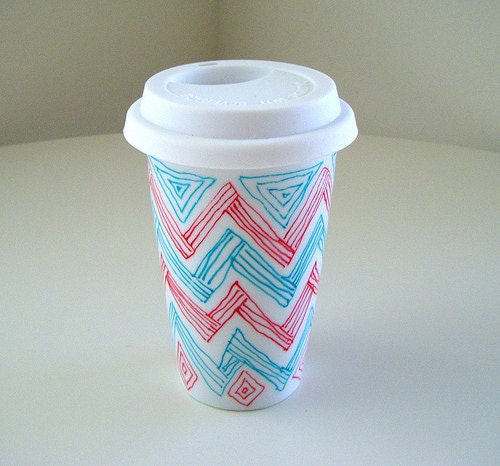 Ceramic Travel Mug Chevron Zig Zag Red Turquoise Triangles Geometric Stripes Modern Eco Friendly