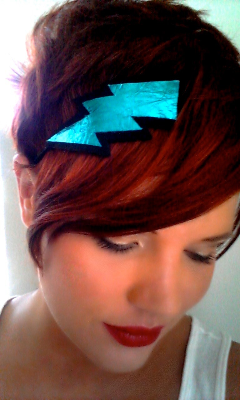 Lightning Bolt Headband Leather Metallic Blue Black Glam Punk Wizard Super Hero Turquoise Geekery handmade by sewZinski on Etsy