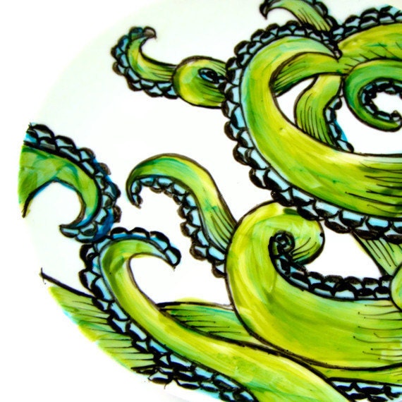 Ceramic Plate Green Octopus Kraken Sea Creature Nautical Decor Hand Painted Tentacles Wall Art Decorative Plate Upcycled