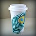 Peacock Feathers Ceramic Travel Mug Painted Nature Greens Yellow Brown Turquoise Blue Eco Friendly