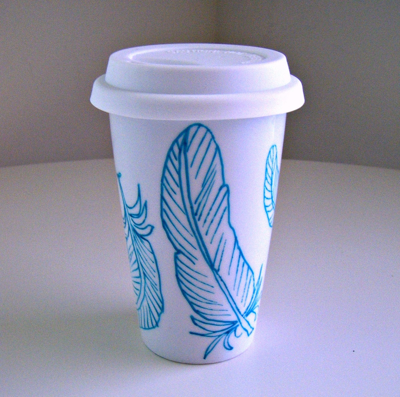 Ceramic Travel Mug Blue Feathers Eco Coffee Cup White Modern Geekery Painted by sewZinski on Etsy