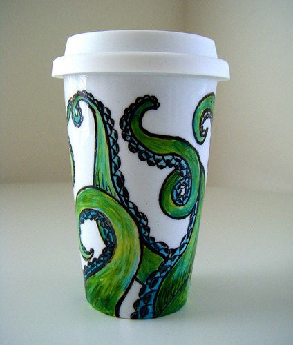 Octopus Ceramic Travel Mug Painted Green Eco Friendly sea creature tentacles kraken by sewZinski on Etsy
