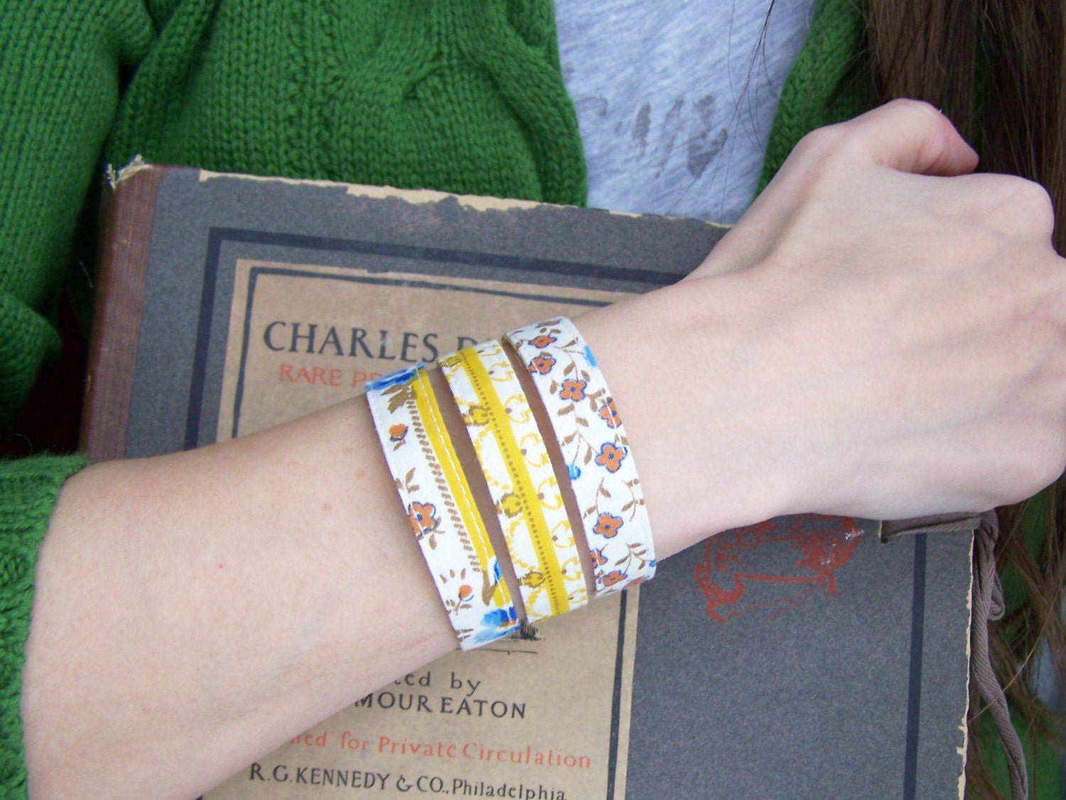 Triple strand cuff bracelet in vintage golden autumn floral