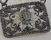 Necklace of Vintage Shoe Buckle and Marcacite Religious Ring on Chunky Chain