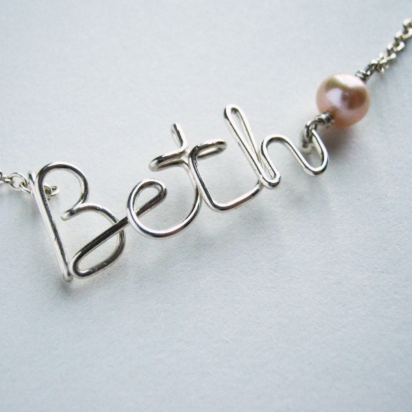 Silver Name Necklace Sterling Silver with Blush Pink Pearl