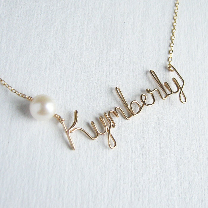 Personalized Gold Name Necklace with White Freshwater Pearl 14k Gold Fill