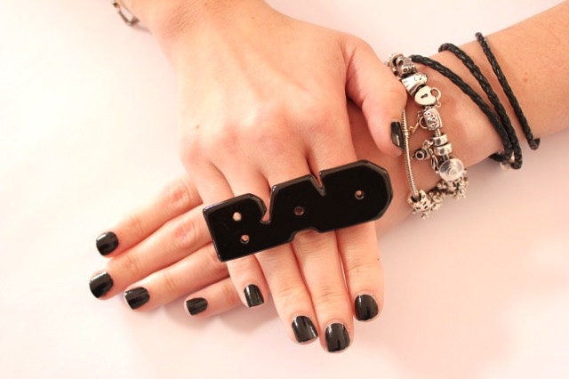 Personalized Ring Black - big bold outrageous handmade ceramic cocktail ring - BAD - 3 inch