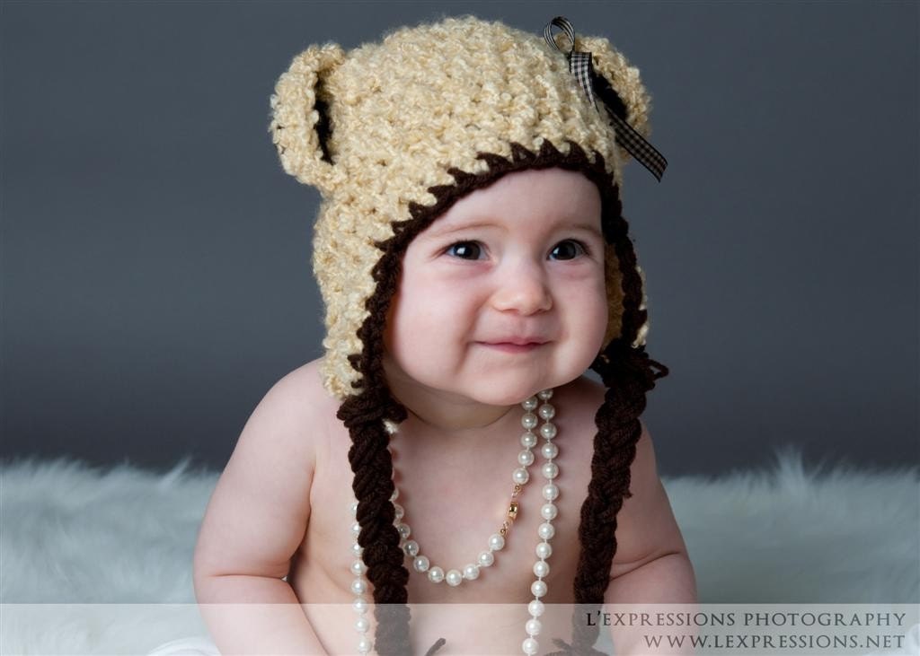 Teddy Bear Earflap Crochet Beanie Hat Newborn0-6mos LIMITED ADDITION FREE SHIPPING
