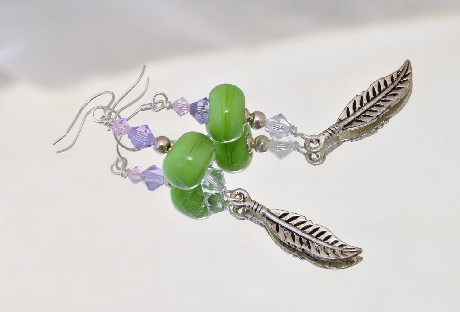 Green drop earrings lampwork bead crystals and leaf charm - GeckoGlassDesign