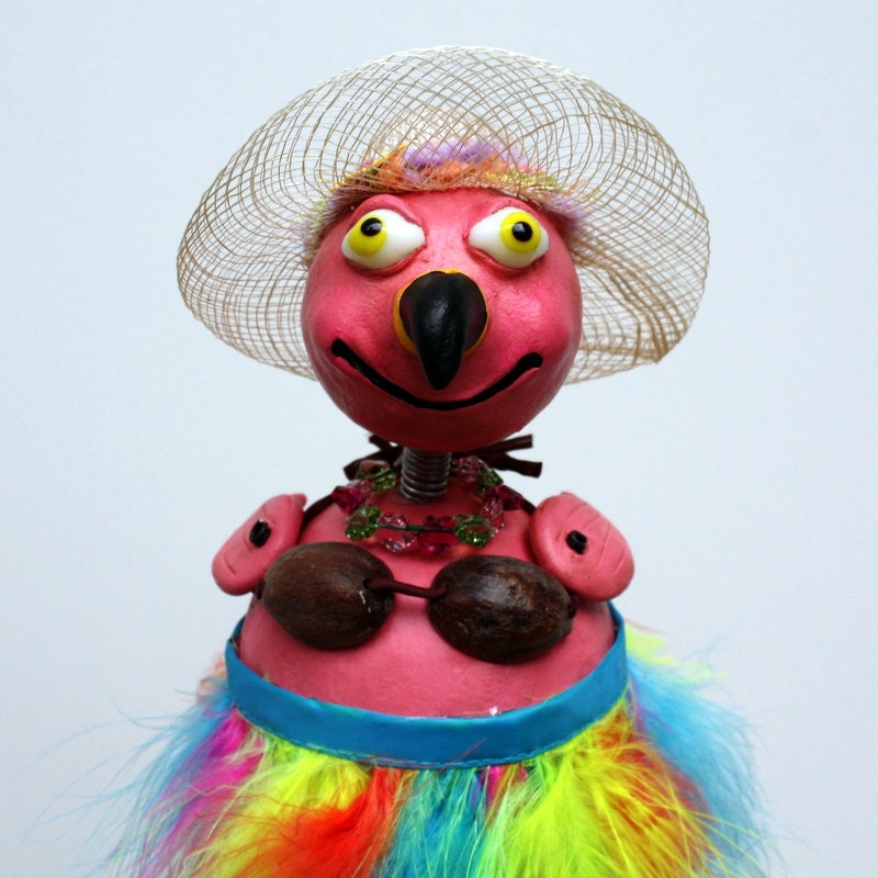 Pink  Flamingo Hula Girl Whimsical Art Doll Sculpture
