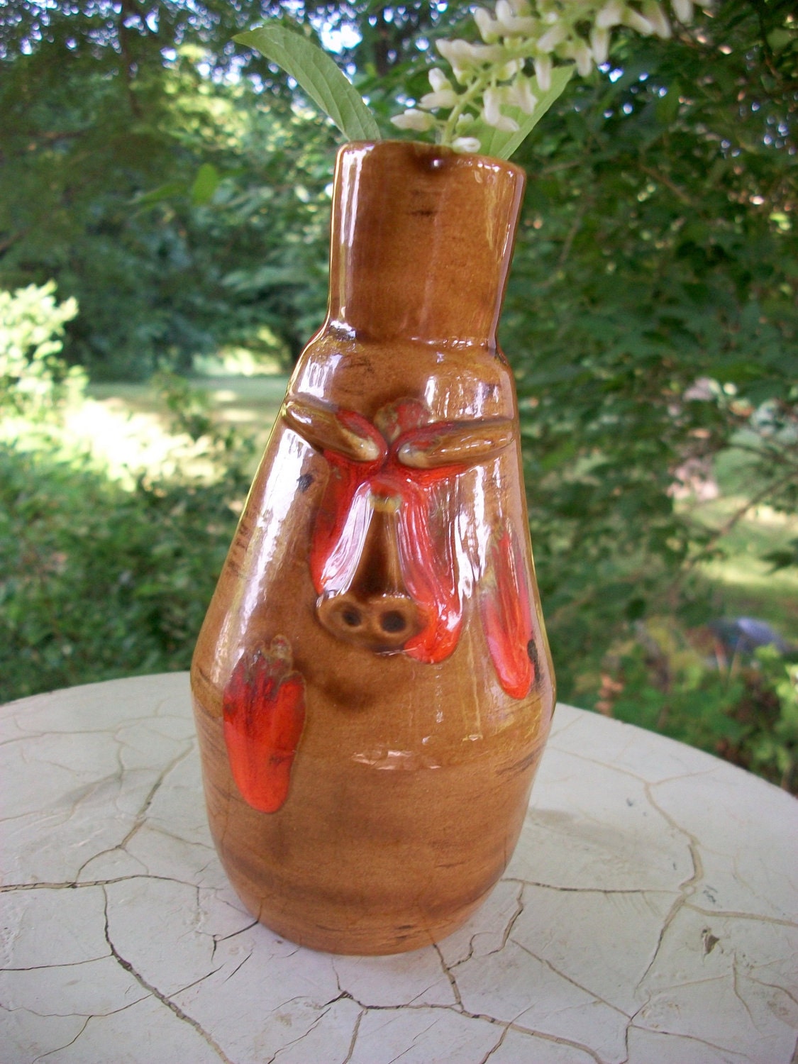 Vintage Brown Orange Face Pottery Vase Summer Flowers Retro