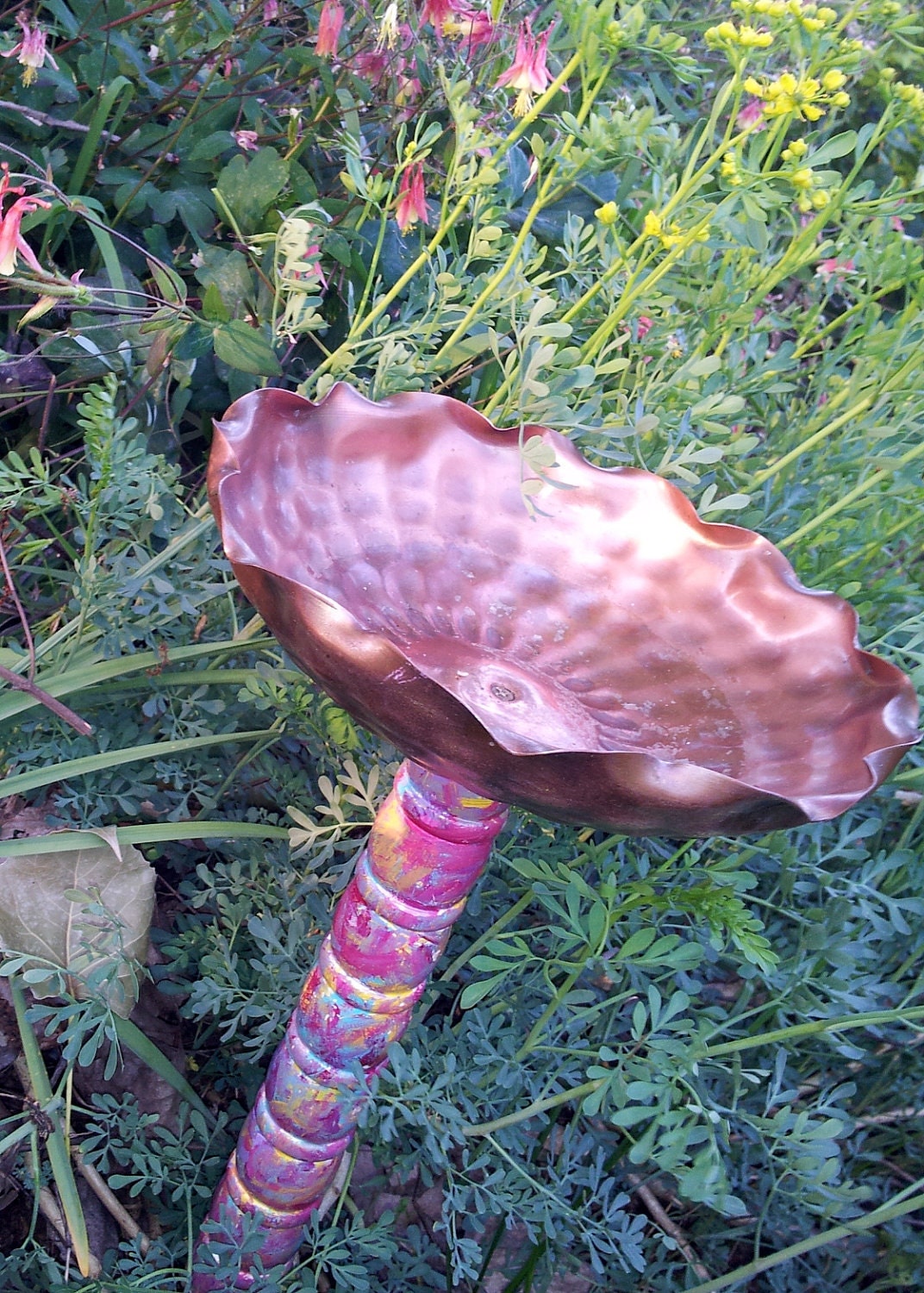 Recycled Upcycled Birdbath Birdfeeder Copper Pink Blue Garden Stake Outdoor Summer