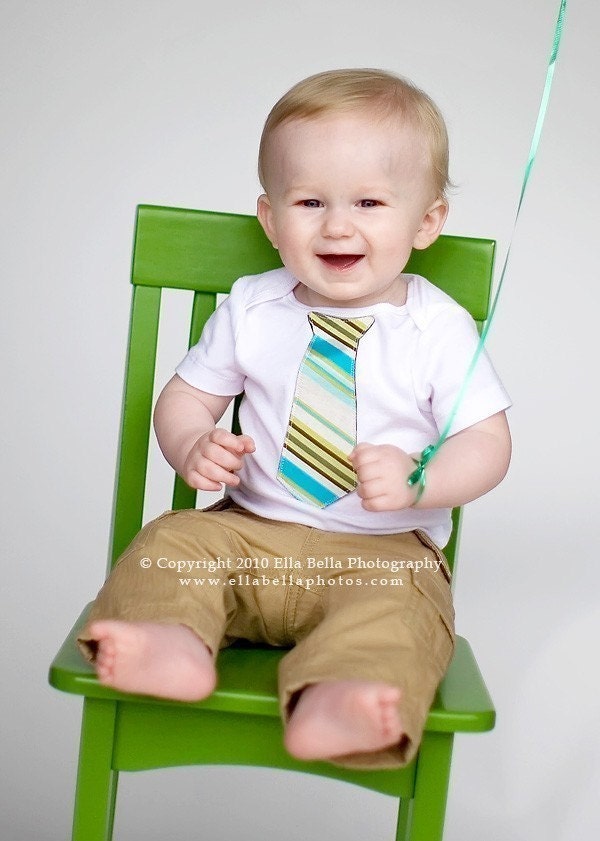 Baby Boy Tie Onesie, Little Man Birthday- Pick Your Size Bodysuit - (Aqua, Brown, White Stripes)