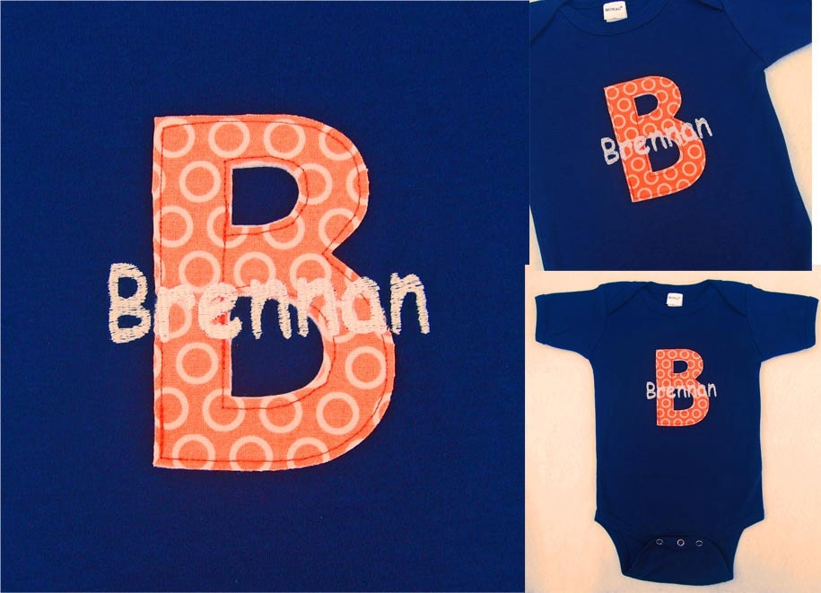 Personalized Initial Onesie in Navy and Orange Children Baby Boy Clothing Name Sizes nb-3, 3-6, 6-12, 12-18m