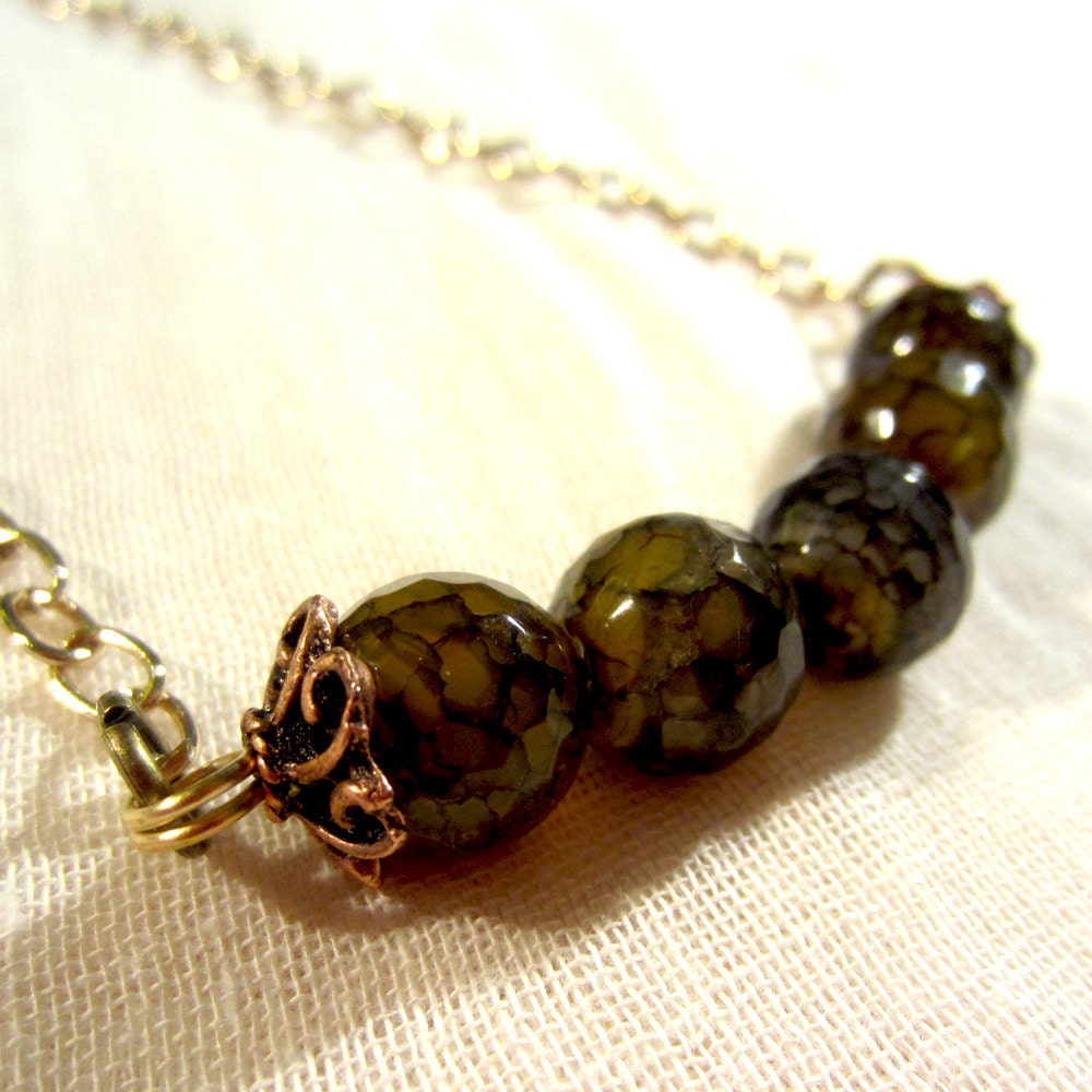 Green semiprecious stone necklace. Short length 18" gold plated chain. Forest woodland green.
