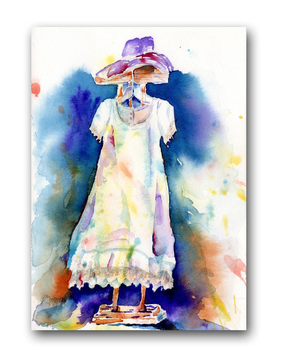 ACEO Art Print, blue, green, yellow, orange, Vintage Dress