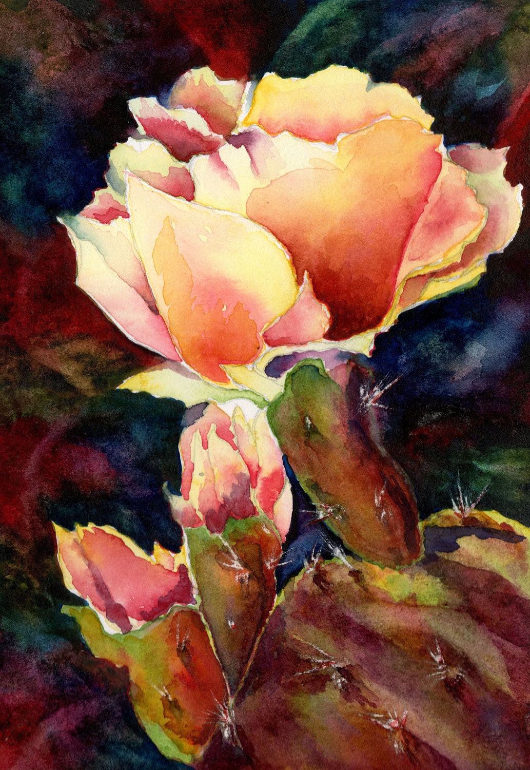 ACEO Art Print, Peach, Blue, Red, Prickly Pear Bloom