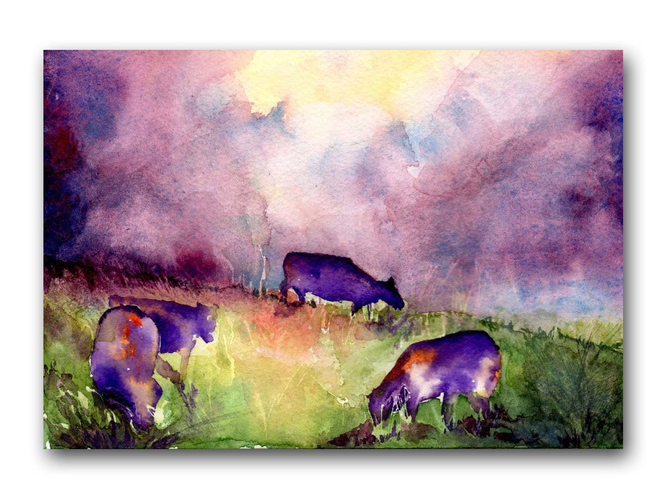 ACEO Art Print, Blue, Purple, Yellow, Country, Cows