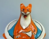 Cookie Jar With Fox And Rabbit, Orange and Blue