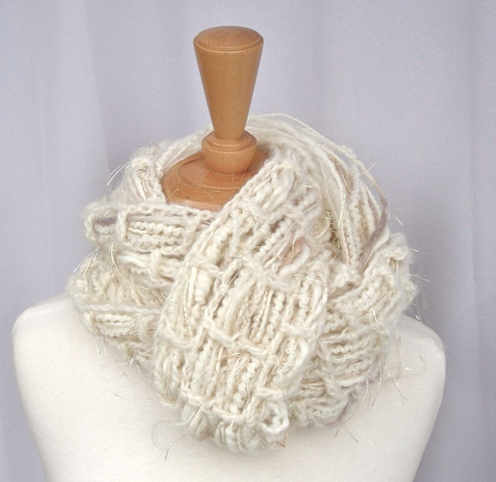 Scarf Handknit Handspun Merino Alpaca The Black Swan Woven Art Yarn Cream, White, Champagne