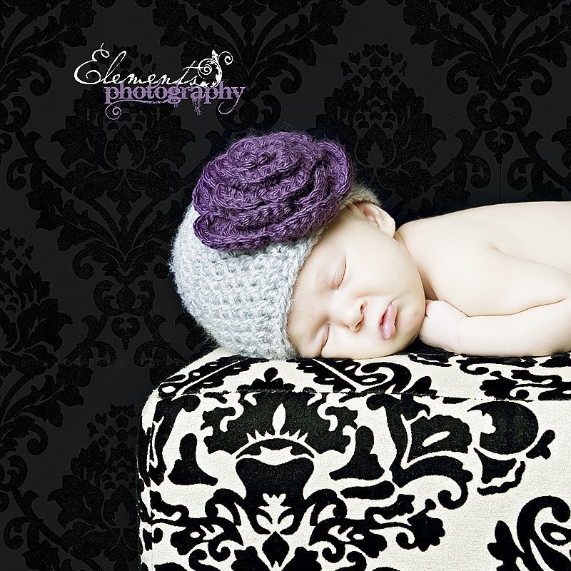 0-3 month gray cloche with puple flower