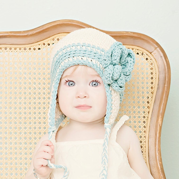 Cream and teal baby girl hat 6-12 month beanie with earflaps