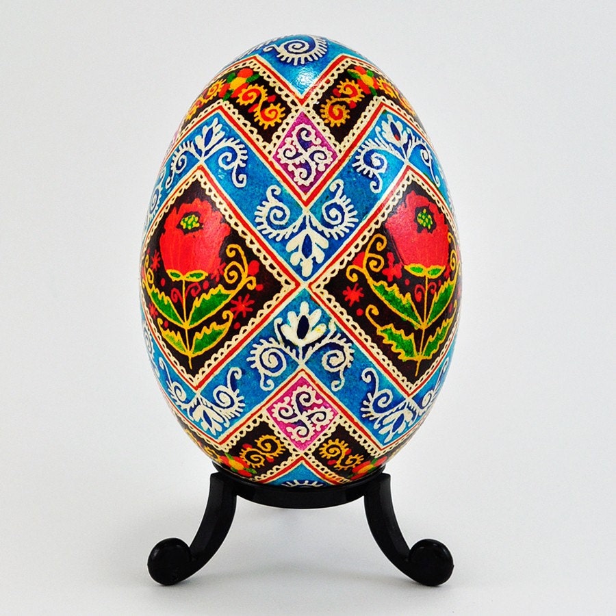 Real Traditional Ukrainian Easter Egg - Hand Illustrated Poppy Pysanka - Goose Egg - Help Rescue Animals - S.A.F.E