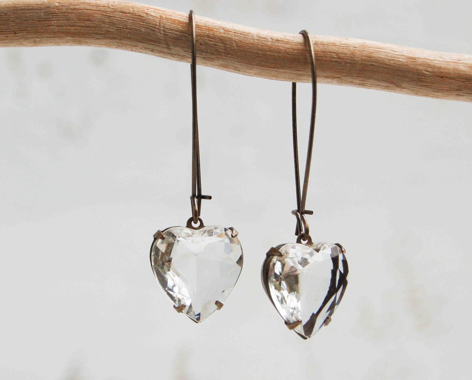 HEART EARRINGS Vintage Crystal Glass Jewel Rustic LOVE  Earrings Bridal Wedding