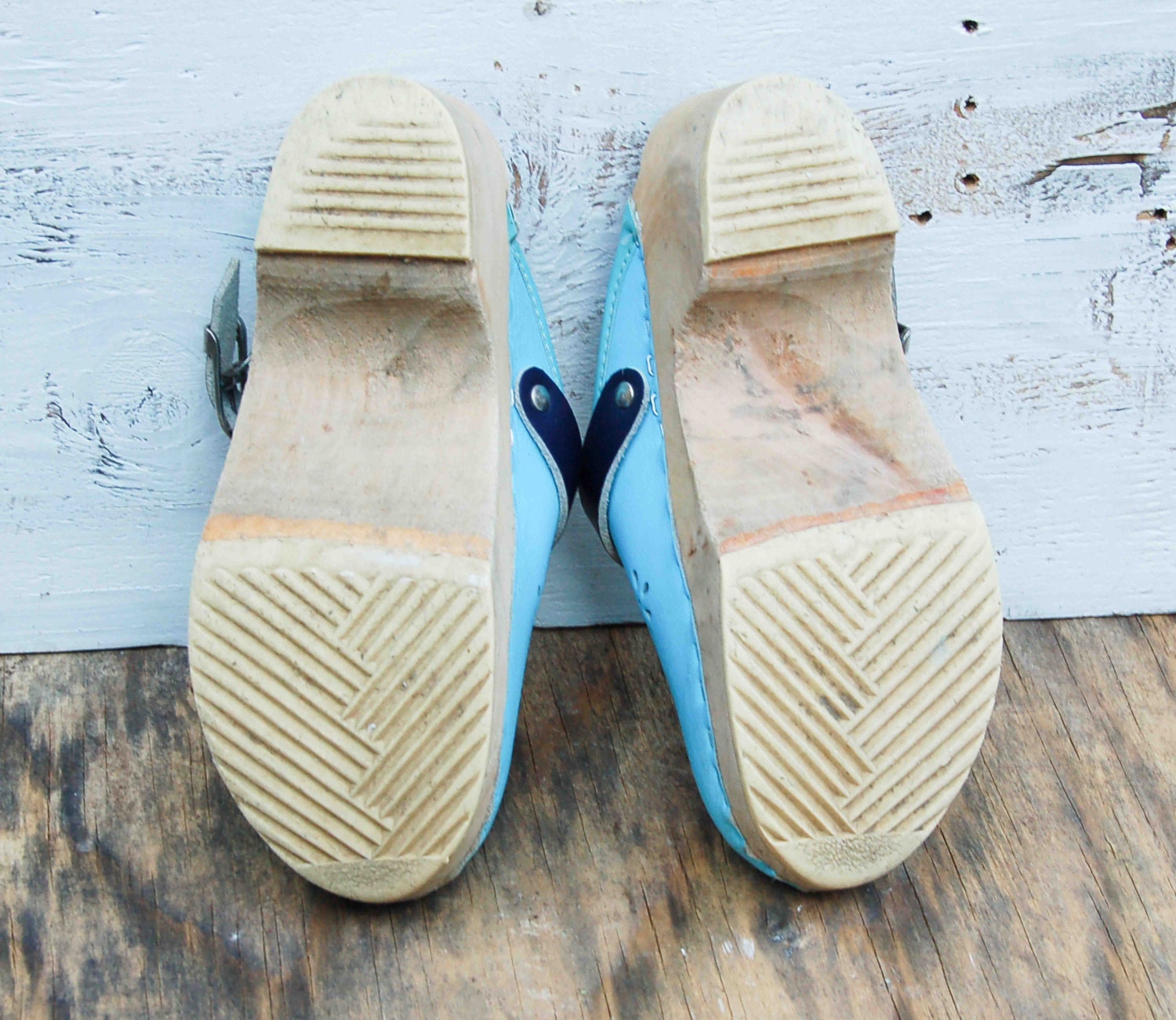 Child's Vintage Clog SHOES Turquoise Leather Wood Shoe Scandinavian Folk Swedish Light Blue