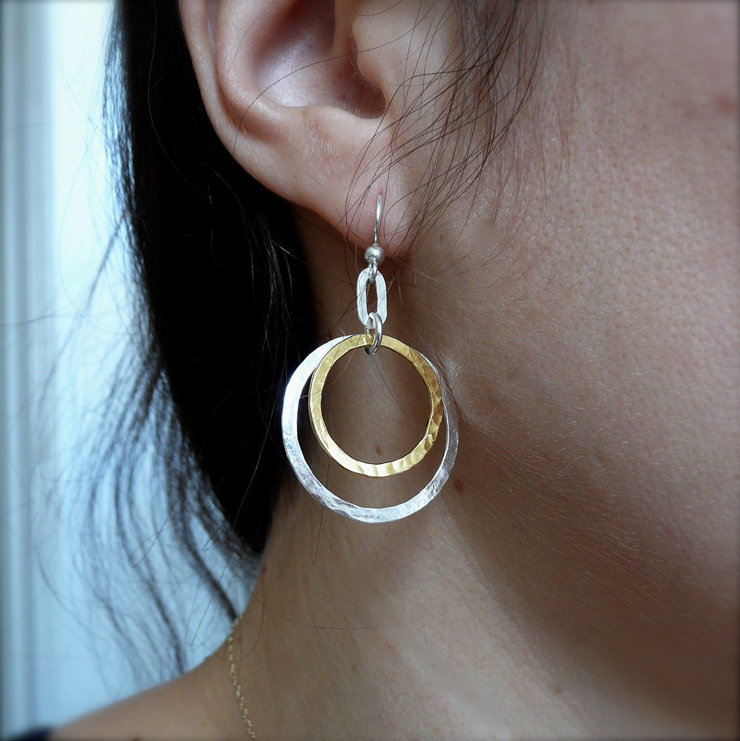 Hammered Silver and Gold Double CIrcle Earrings