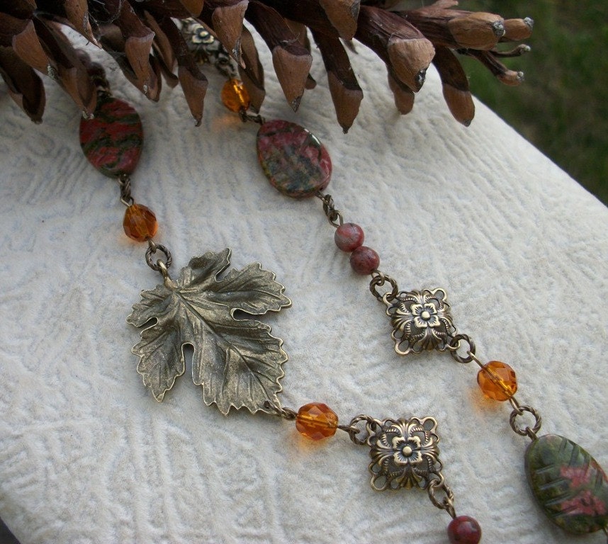 Flavors Of Fall - Antique Brass Maple Leaf, Unakite, Red Sesame Jasper, Antique Brass Filigree