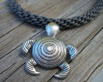 Antique Silver Turtle Pendant Kumihimo Necklace