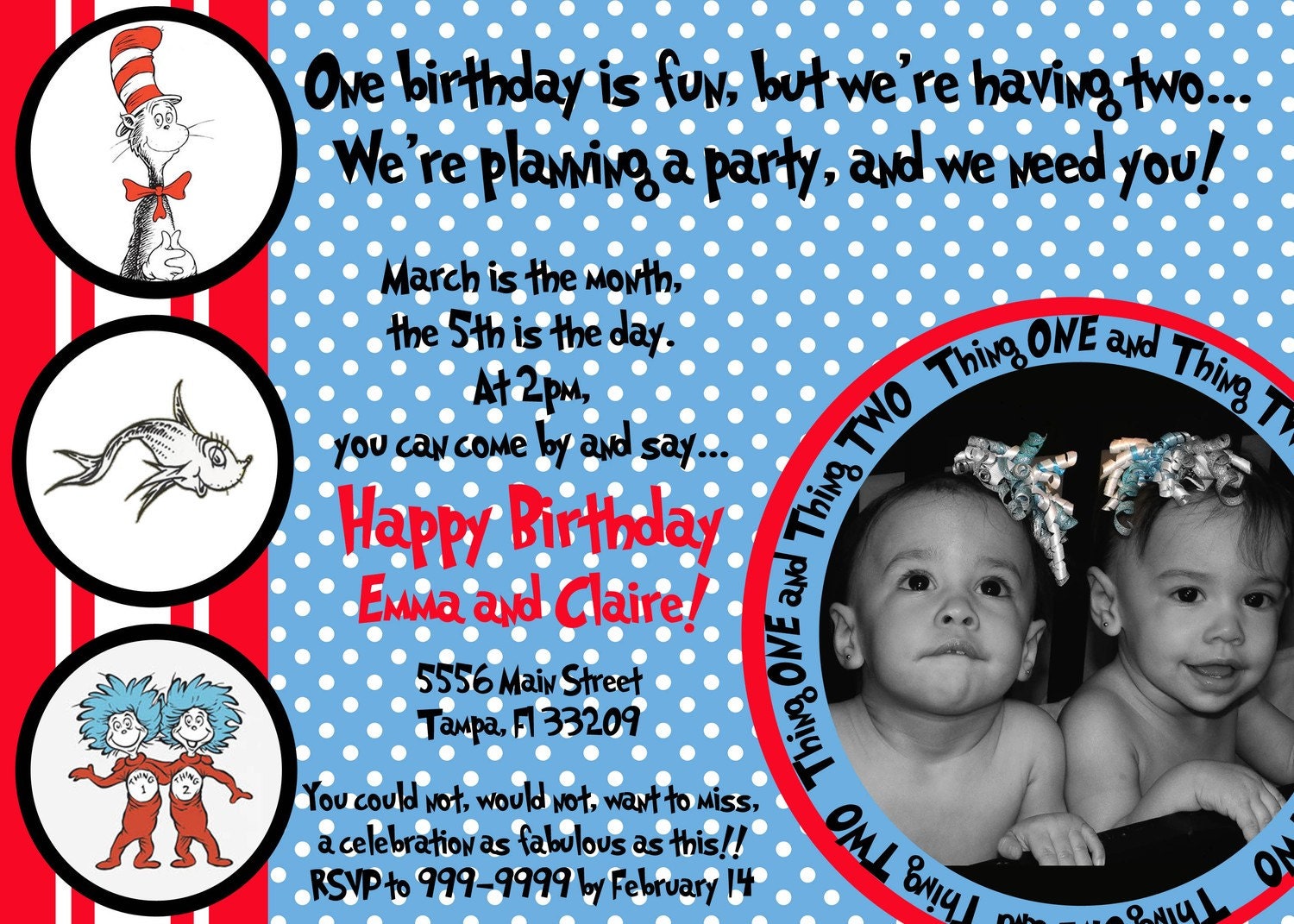 Dr Seuss Birthday Party Pack Invitation, Thank you, favor tag, water bottle label, iron on transfer or cupcake topper