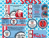 Dr Seuss Birthday Invites Party Printable Pack includes invitation, favor tag, cupcake topper, waterbottle label and thank you note design