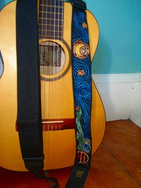 Embroidered Guitar Strap- Custom Starry Night-  Van Gogh