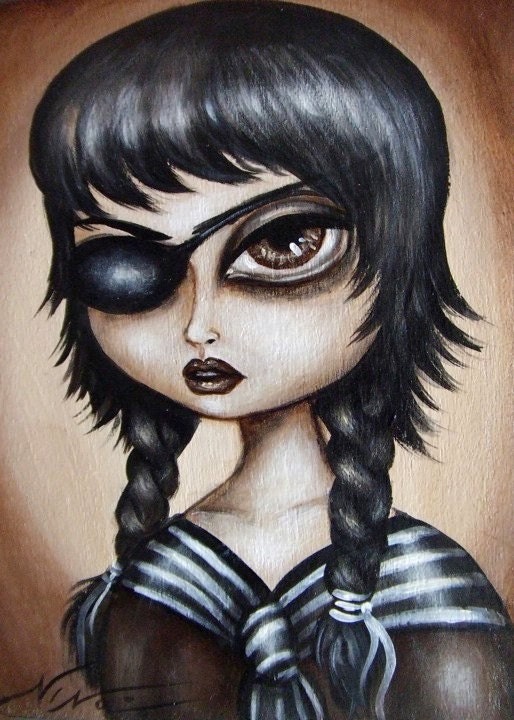 EYE PATCH big eye gothic pirate school girl lowbrow giclee PRINT by Nina Friday