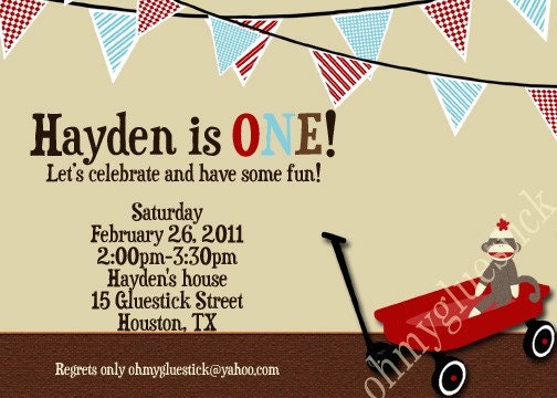 Original Sock Monkey in Wagon Digital Invitation by Oh My Gluestick