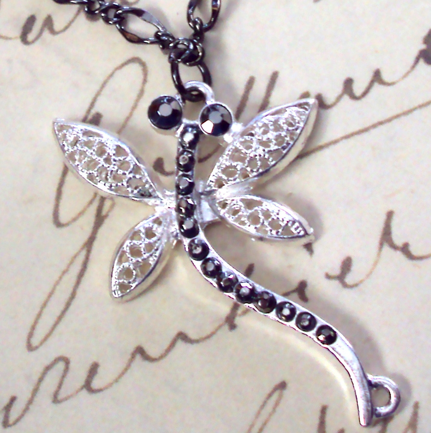 Dragonfly Necklace with Black Rhinestones Steel Flower Long Jewelry Handmade Jewelry on Etsy