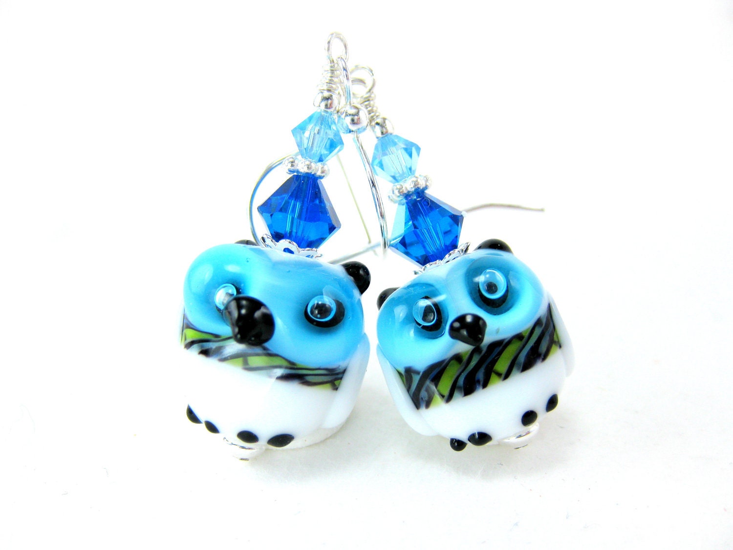 Owl Earrings, Aqua Blue White Owl Lampwork Earrings, Beadwork Earrings, Bird Earrings, Animal Earrings, Owl Jewelry - Gilligan & The Skipper