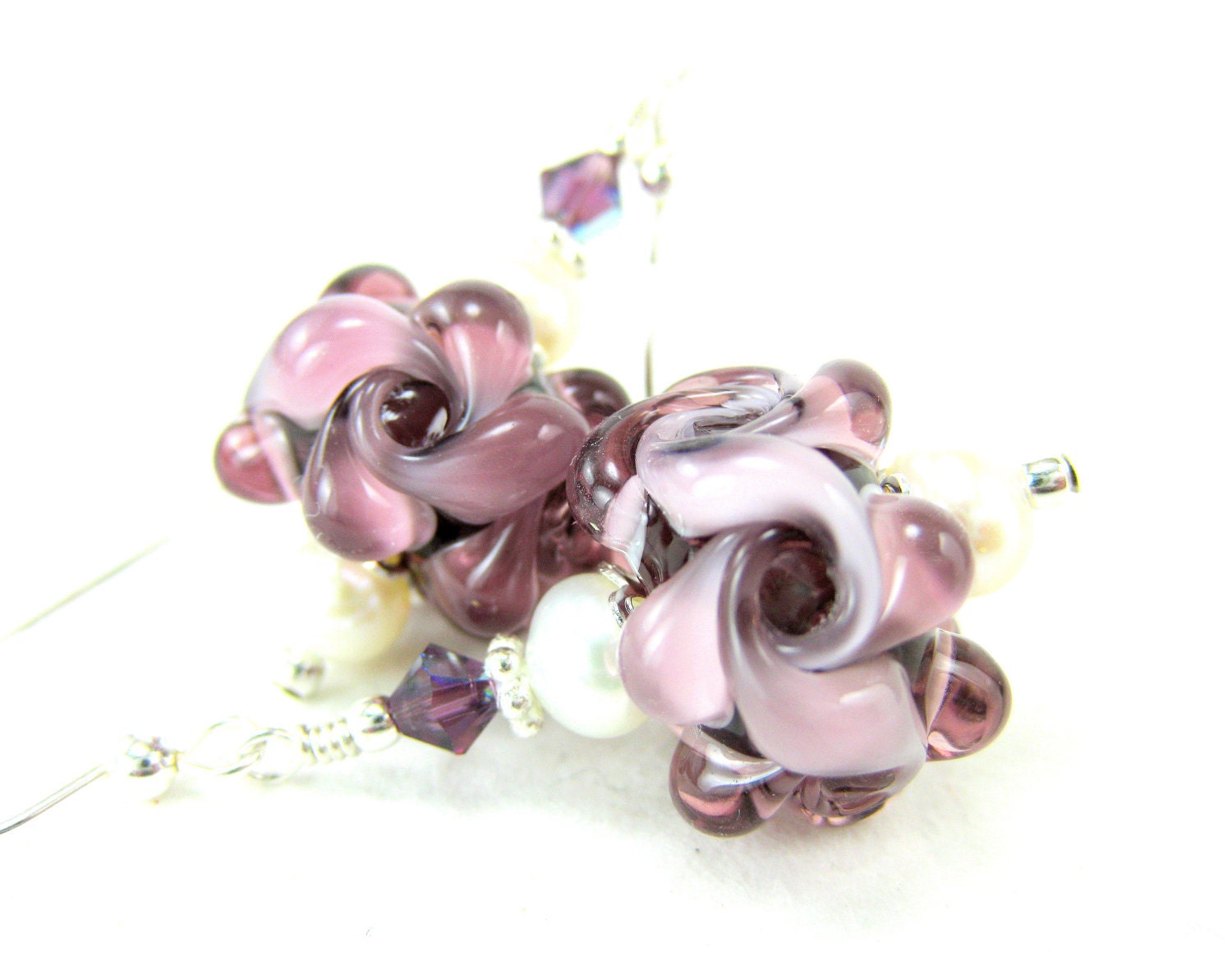 Purple Flower Earrings, Beadwork Earrings, Lampwork Glass Bead Earrings, Amethyst Glass Earrings, Dangle Earrings - Purple Passion