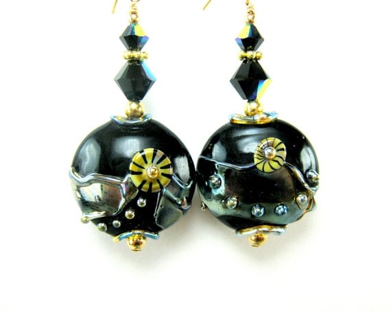 Black Gold Abstract Glass Bead Earrings, Beadwork Earrings, Lampwork Earrings, Gold Filled Earrings, Black Gold Dangle Earrings  - Tron