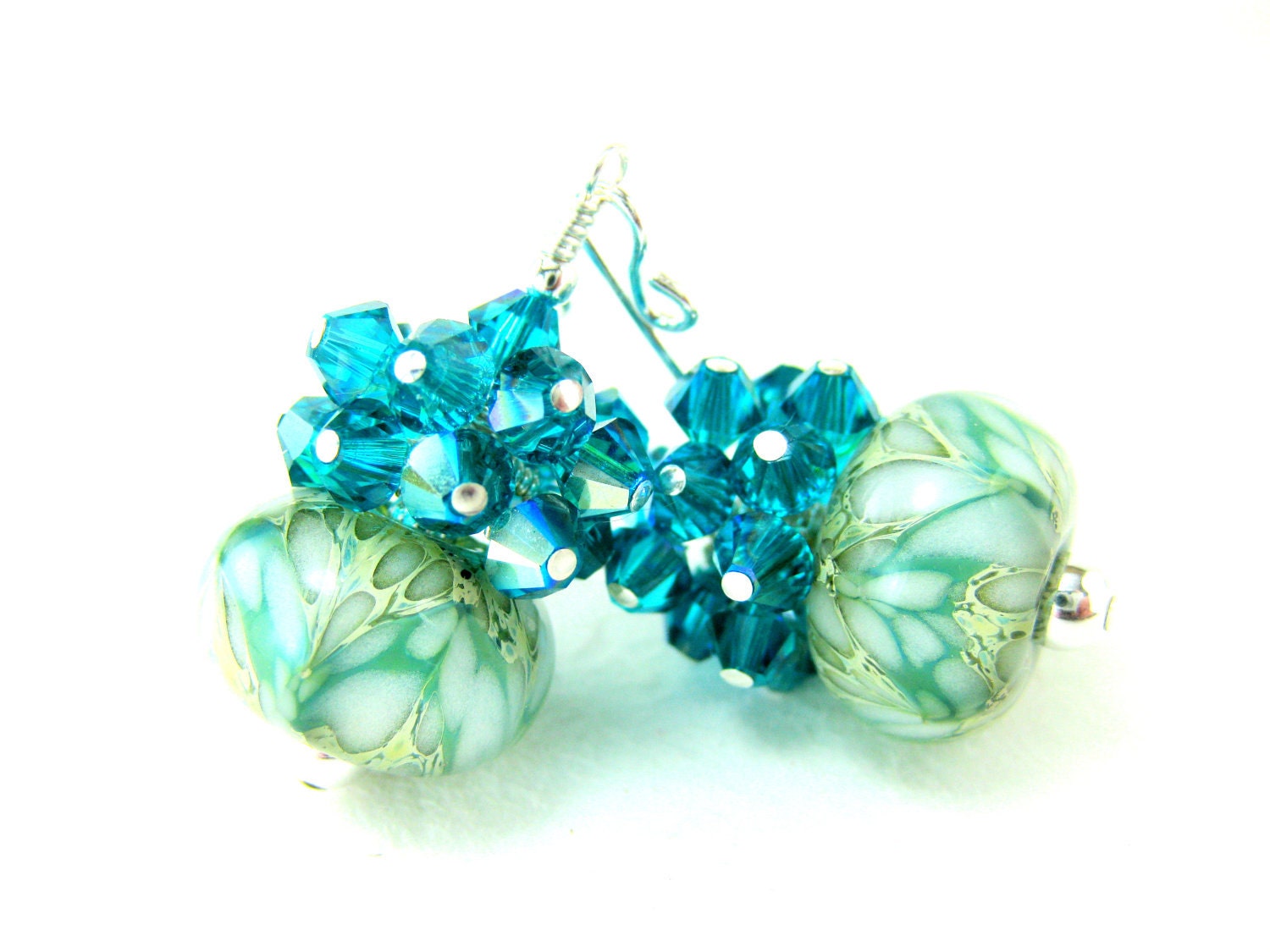 Teal Crystal Cluster Earrings, Teal White Glass Earrings, Boro Lampwork Earrings, Blue Beadwork Earrings, Peacock Blue Earrings - Fresh Air