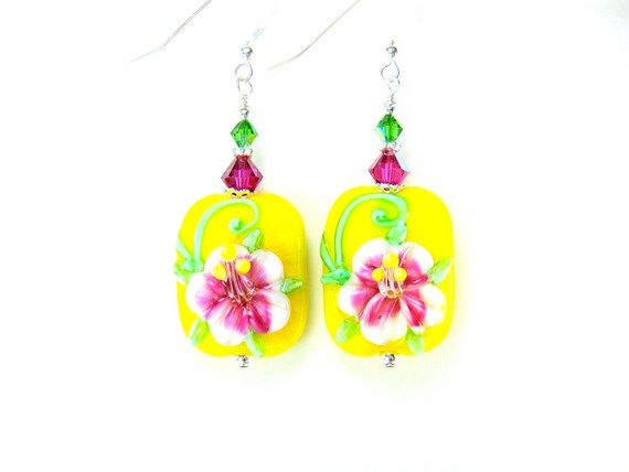 Hibiscus Earrings, Yellow Pink Floral Lampwork Earrings, Beadwork Earrings, Flower Earrings, Glass Earrings, Tropical Earrings - Hibiscus