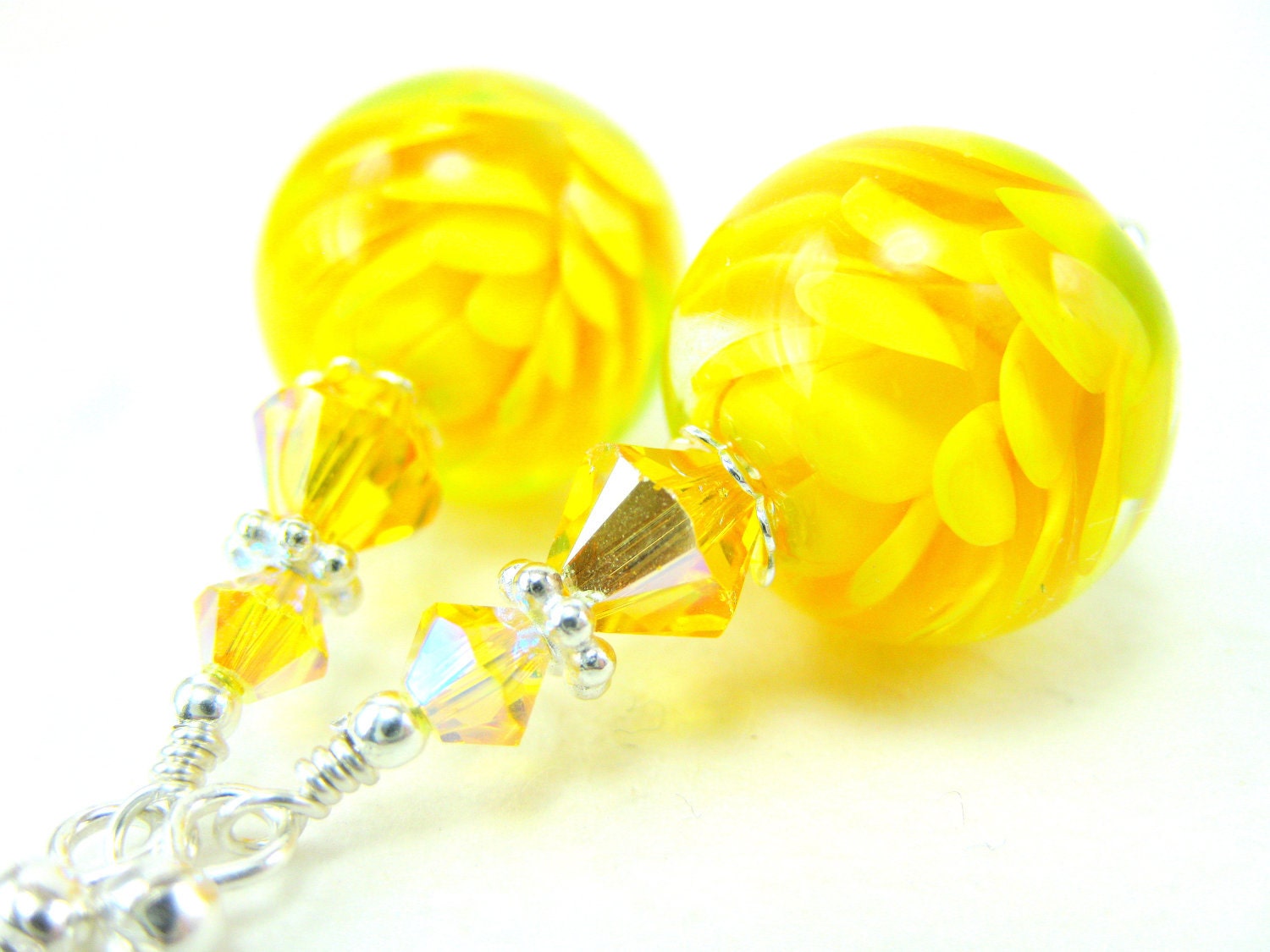 Yellow Glass Flower Earrings, Lemon Yellow Encased Lampwork Bead Earrings Crystal Sterling Silver - Sunflowers