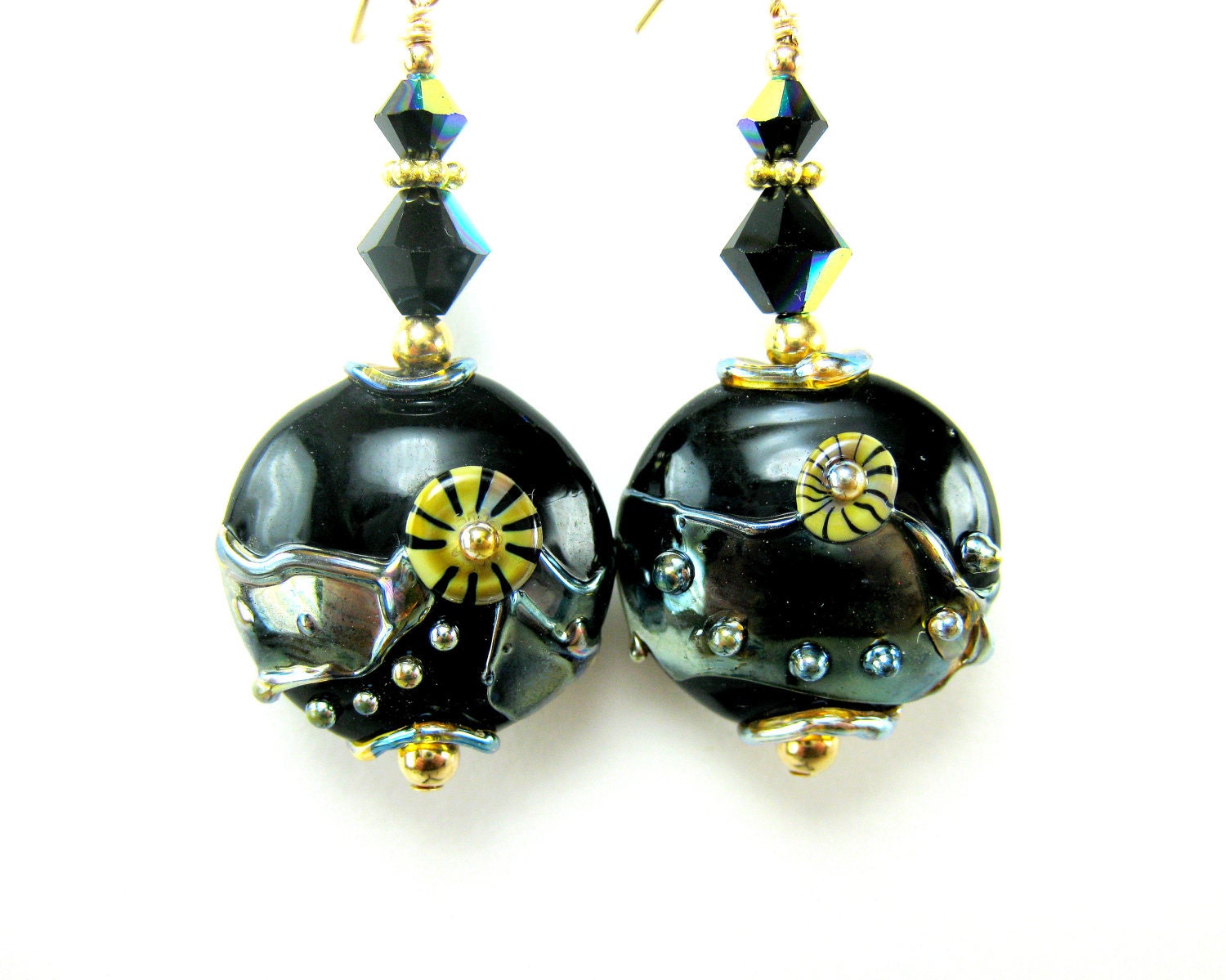 Black Gold Abstract Glass Bead Earrings, Beadwork Earrings, Lampwork Earrings, Gold Filled Earrings, Black Gold Dangle Earrings  - Tron