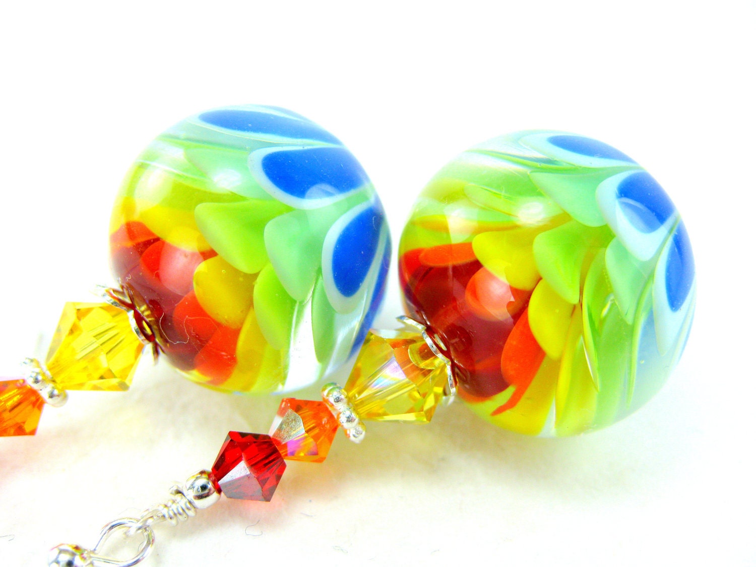 Rainbow Flower Earrings, Rainbow Earrings, Colorful Encased Lampwork Bead Earrings, Beadwork Earrings, Spring Earrings - Be Happy