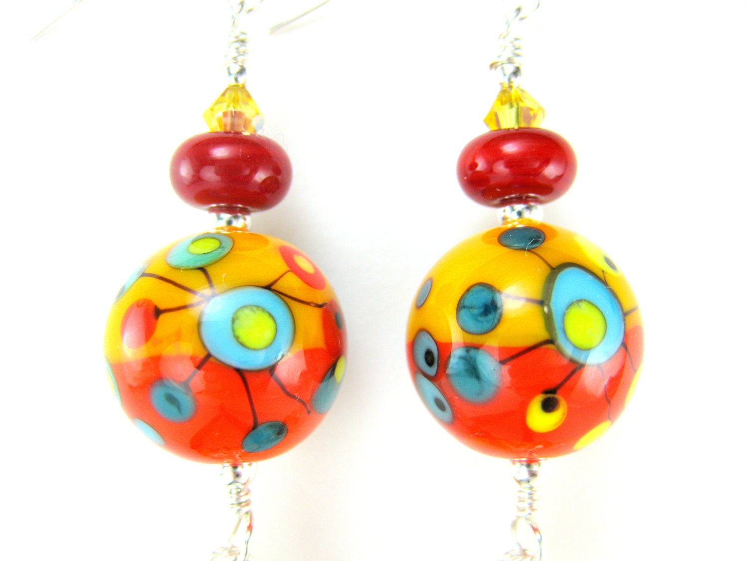 Colorful Beadwork Earrings, Summer Lampwork Earrings, Yellow Red Orange Glass Bead Earrings, Funky Earrings, Unique Dangle Earrings - Cosmic